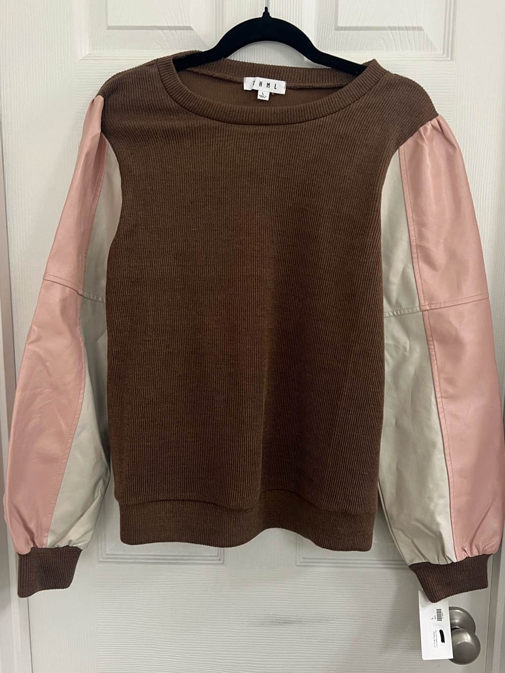 NWT THML Brown Mixed Media Colorblock Faux Leather Puff Sleeve Top Size L